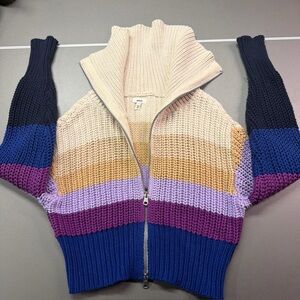 Aerie Sweater Womens Small Striped Knit Crop Collared Jacket Double Zip Cardigan